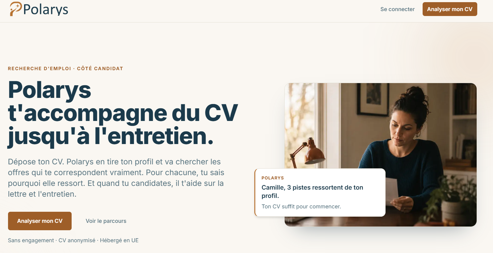 Page d'accueil de Polarys présentant l'analyse de CV et l'accompagnement à la candidature